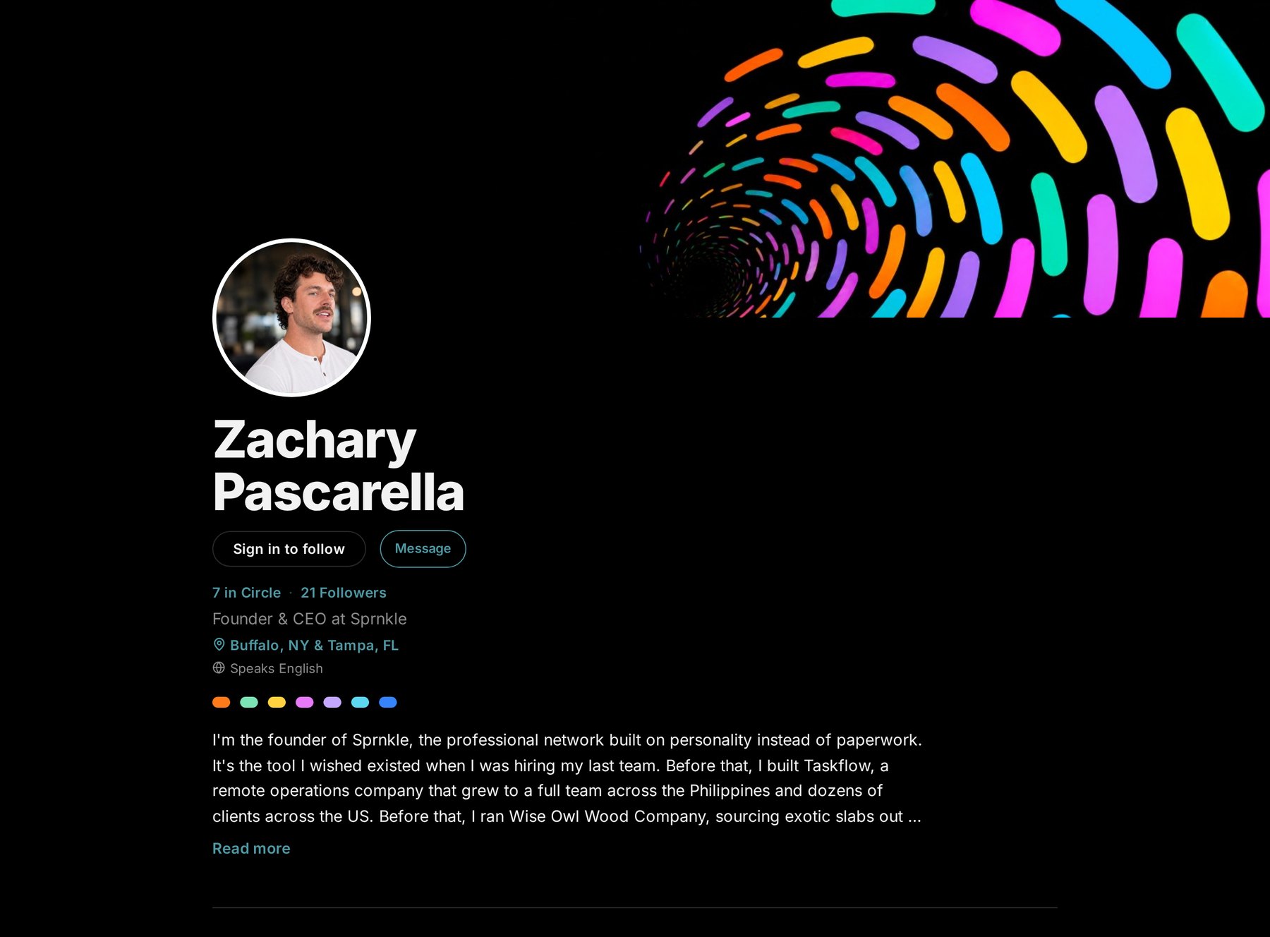 A Living Profile header in the Sprnkle app