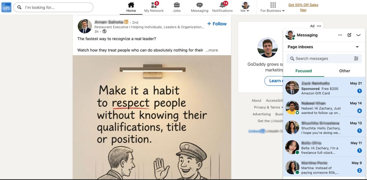 A generic professional feed showing AI-generated thought-leadership posts and spammy outreach messages